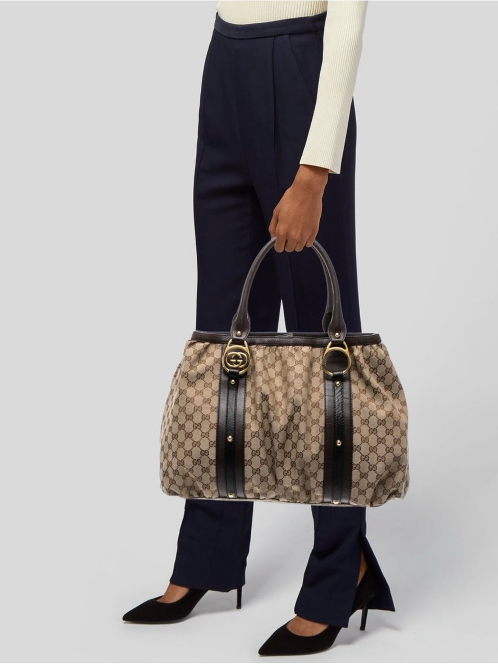 Gucci Beige GG Canvas Tote with Dark Brown Leather Trim - Picture 2 of 6
